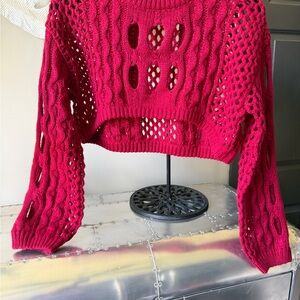 Elegant Cranberry Red Open-Knit Sweater